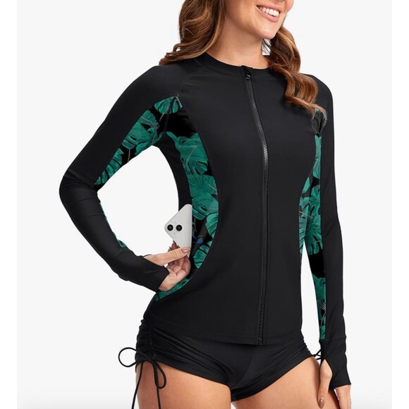 SANTINY Women's Rash Guard Zipper Pockets UPF50+ Zip Front Size Medium NWT's. - Picture 1 of 7